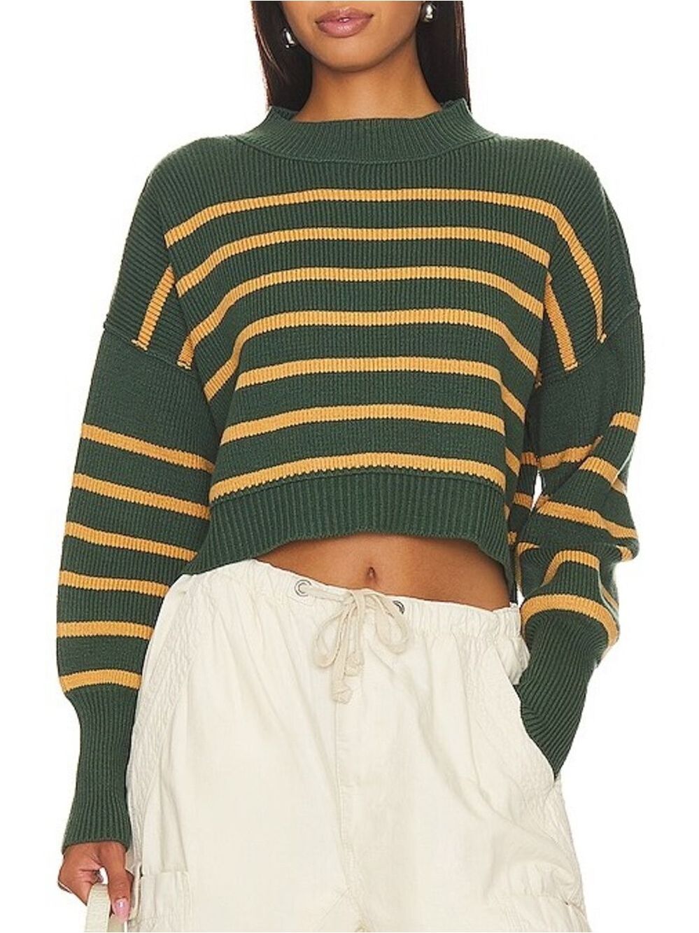 FREE PEOPLE easy street stipe crop pullover sweater in hunter green combo - Picture 4 of 12